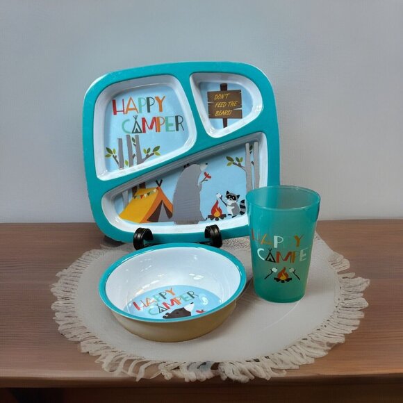 3 Piece Bass pro shop happy camper child’s Divided Plate Bowl And Cup Set - Picture 3 of 7